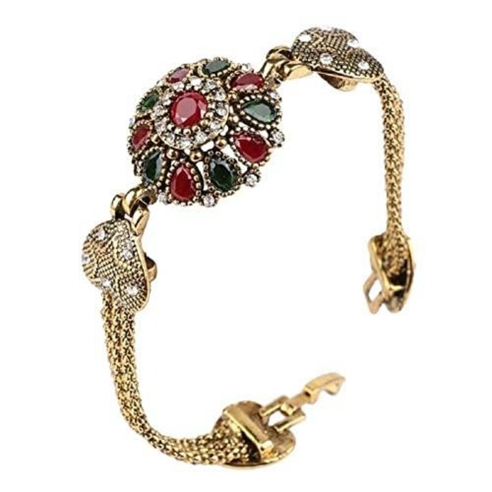 Vintage Turkish Flower Bangle Bracelet Red Green‎ Resin Antique Gold Tone Boho